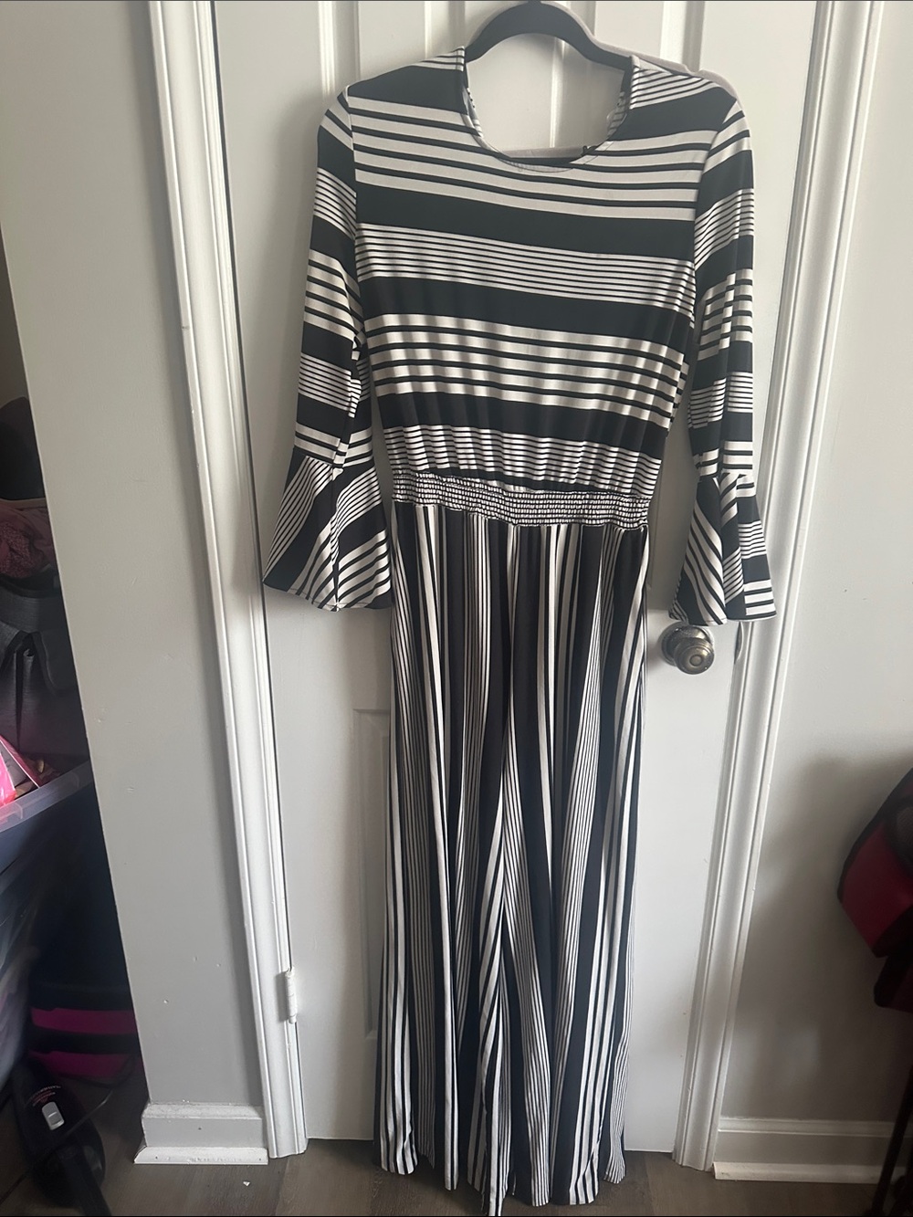 New York & Company Black and White Long-Sleeve Striped Maxi Dress